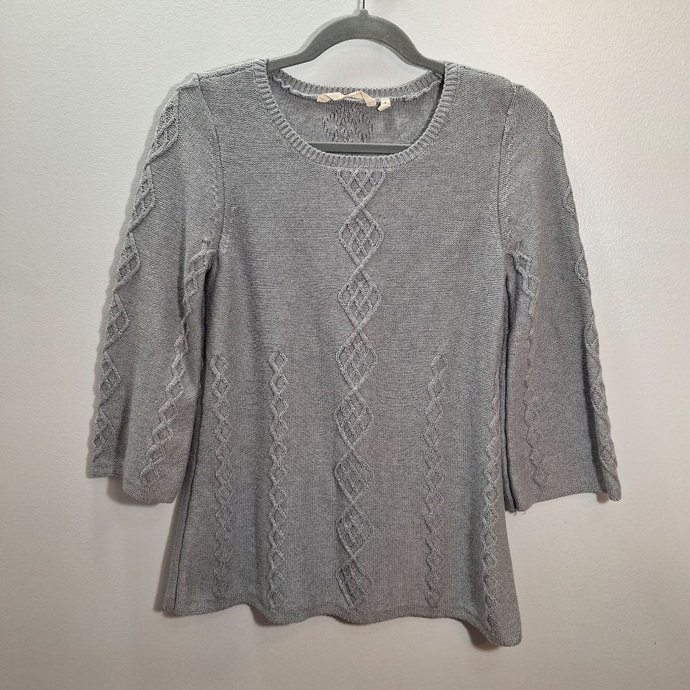 Soft Surroundings Heather Gray Sweater Diamond Cable Knit Wms Small 3/4 Sleeve